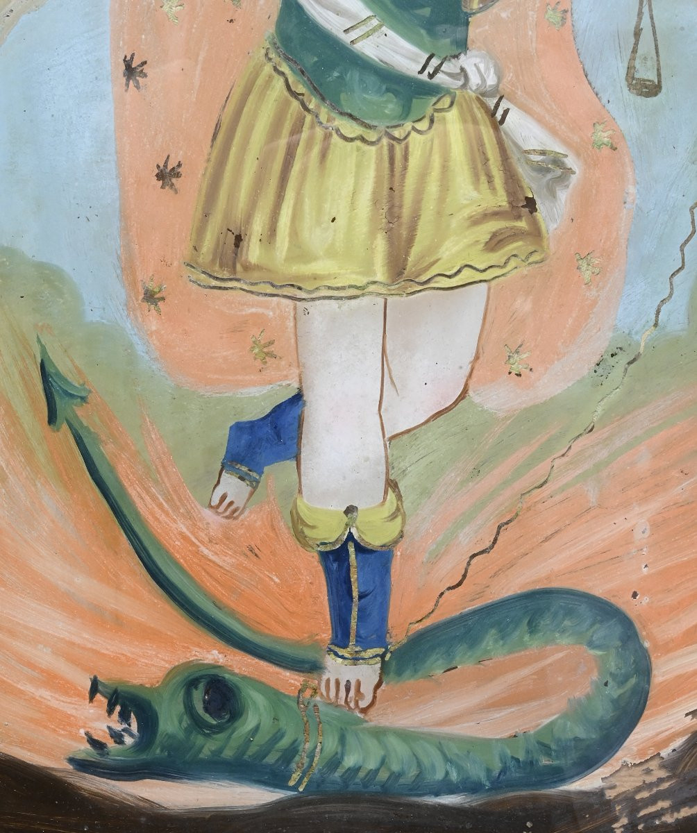 San Michele Arcangelo che sconfigge il Drago -Pittura su vetro- Romania Seconda Metà XIX Secolo-photo-4